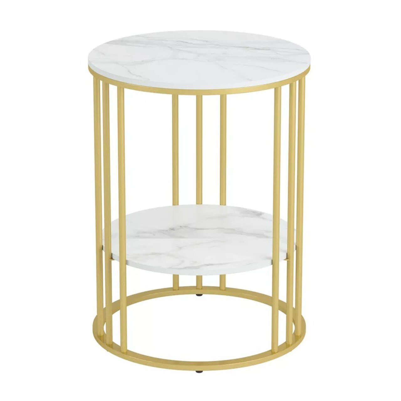 Modern Round Side Table End Table Marble Top Metal Ring-Shape Frame White & Gold